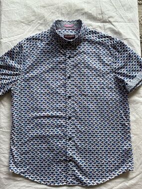 Johnston & Murphy Whale Print Shirt Men Medium Short Sleeve Button Down Cotton